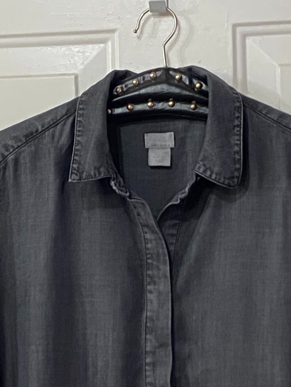 Chicos Tunic Popover Sz 2 (L) Long Sleeve Charcoal Gray Denim Tencel Side Button - Picture 2 of 9